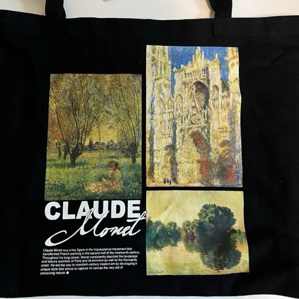 NEW Claude Monet Large Canvas Art Shopping Tote Book Bag - Black